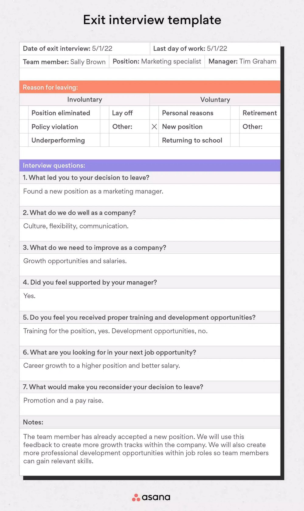 Exit interview template and example by Asana. Source: Asana blog