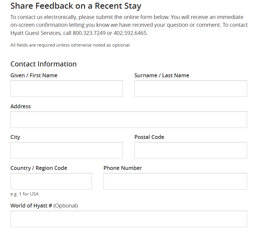 Customer Feedback Example from Hyatt hotels
