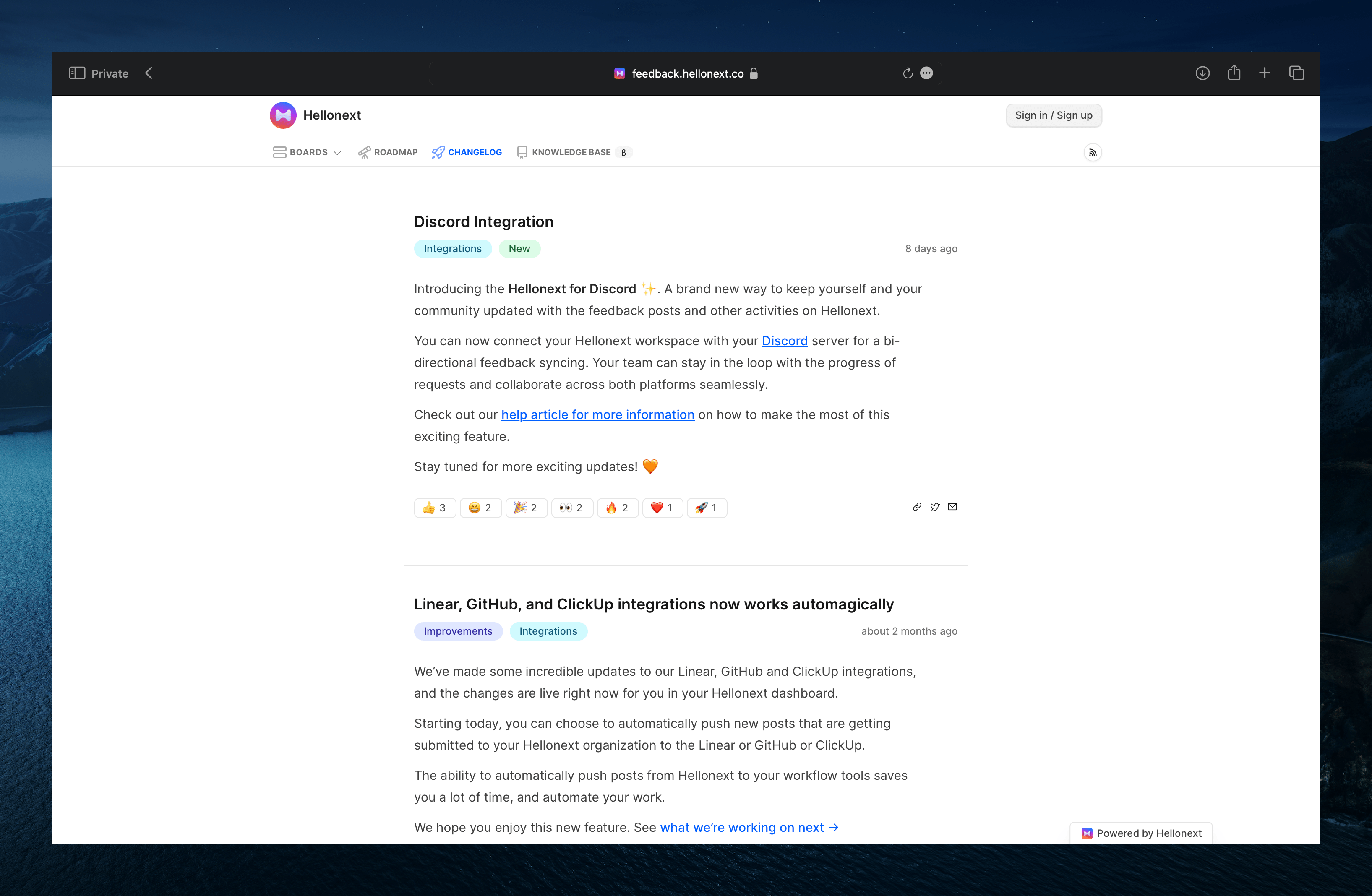 Example website showcasing release notes of a product