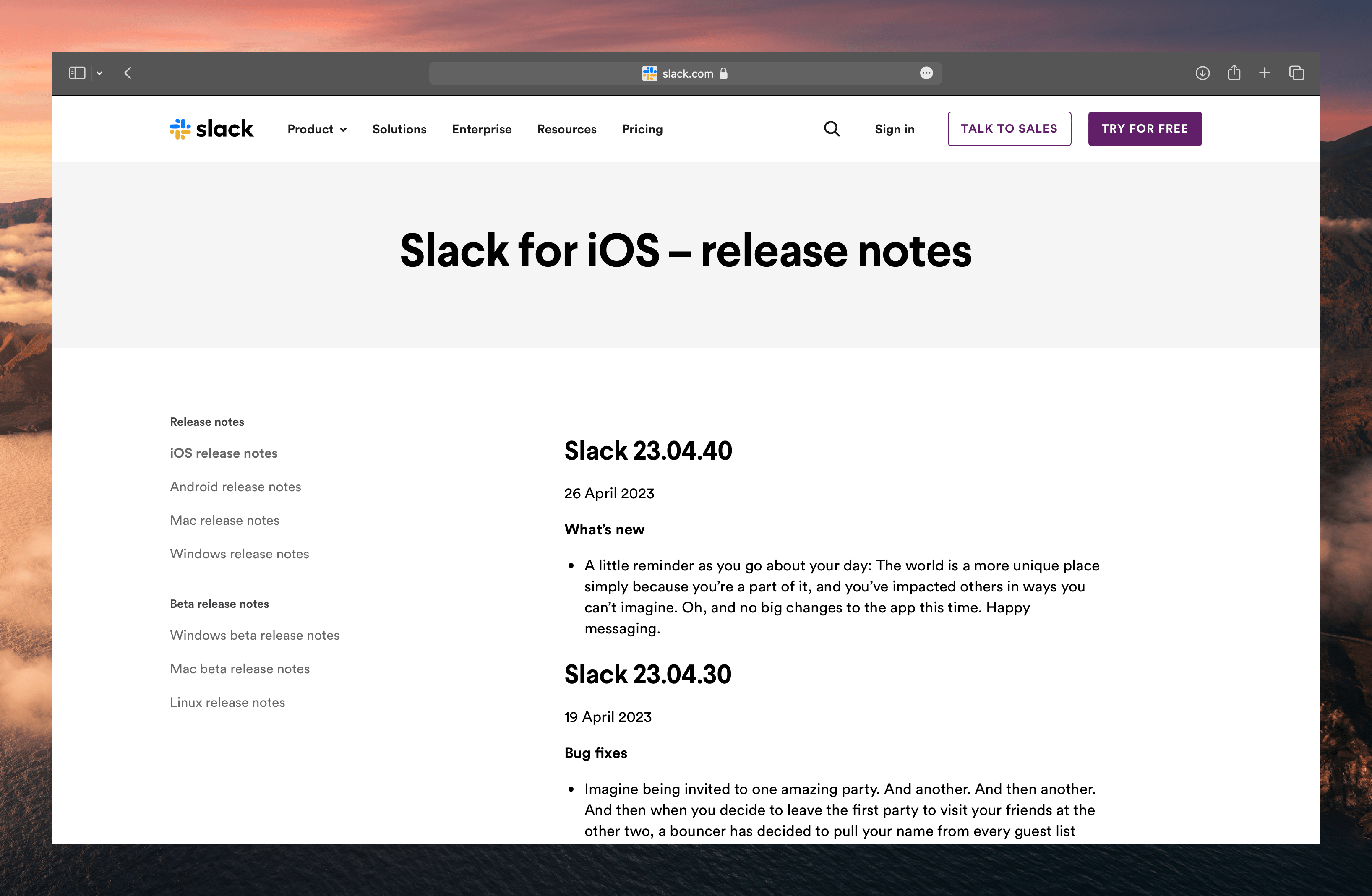Release notes of Slack internal communication tool.