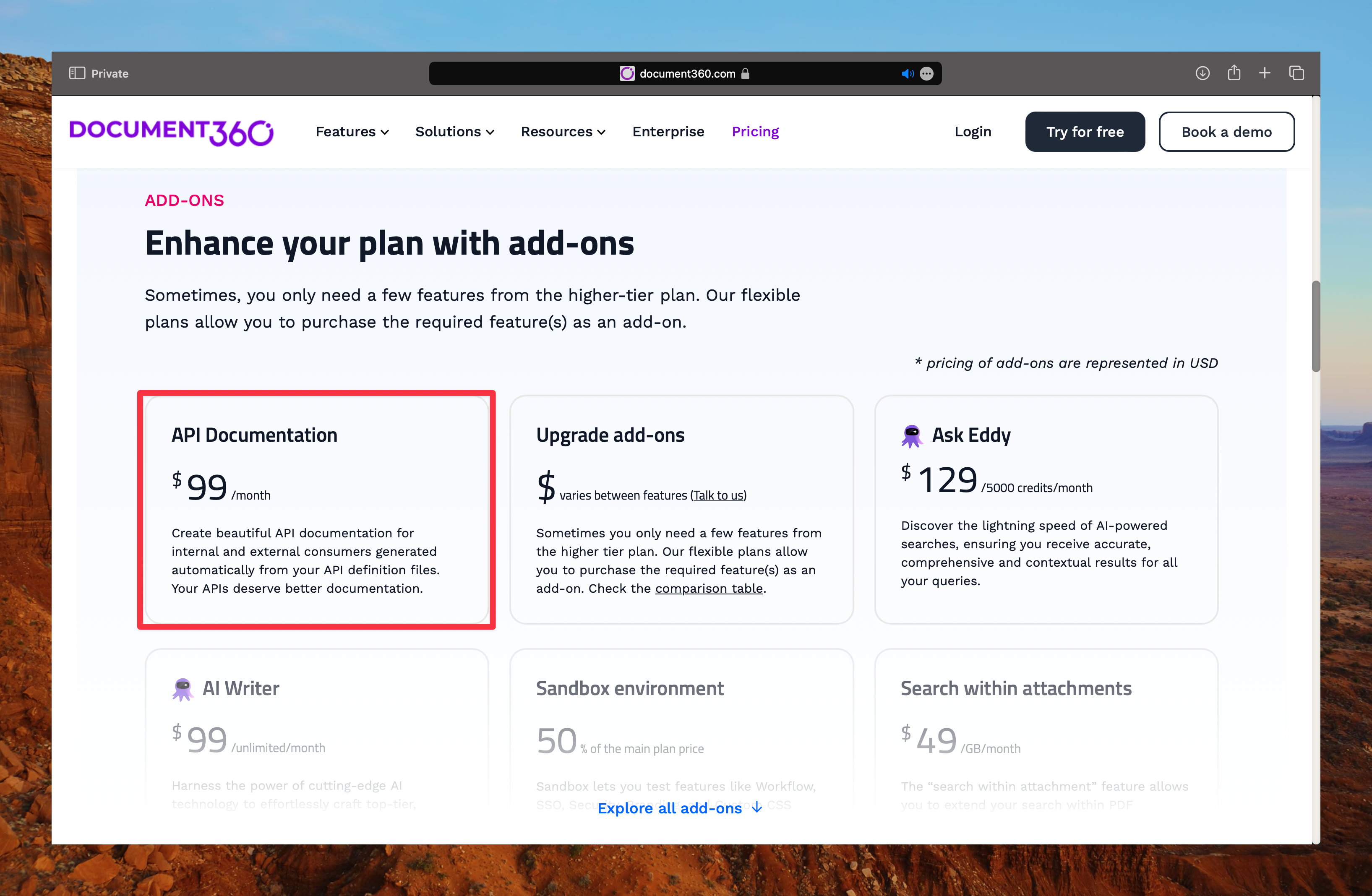 Document360 Pricing for API Add-on