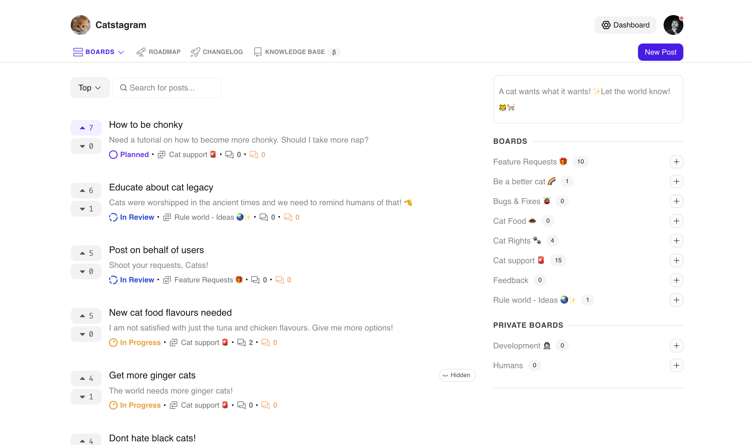Screenshot of featureOS feedback boards where users can vote on product features