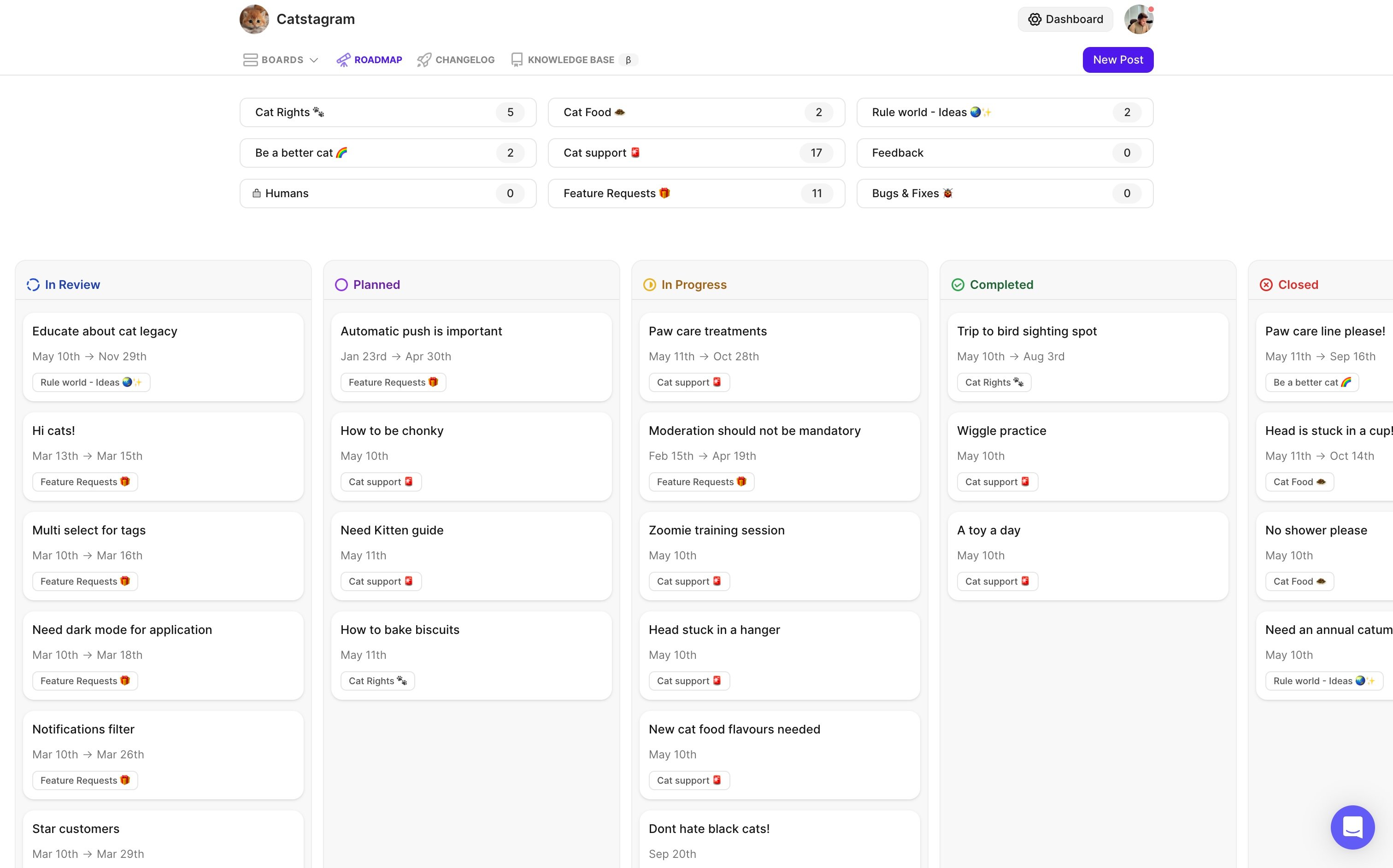 Screenshot of featureOS kanban product roadmap where users can view a public roadmap