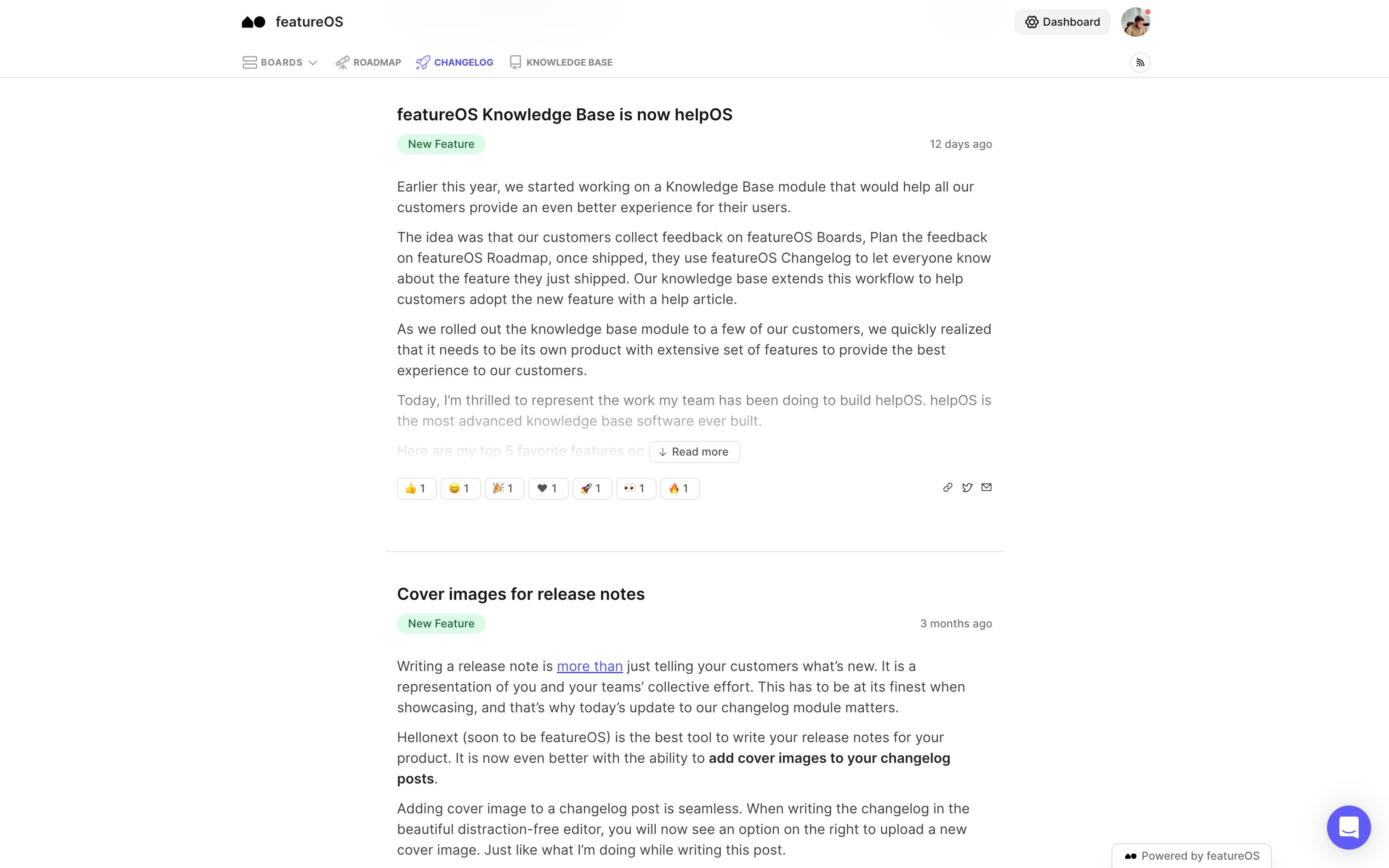 Screenshot of featureOS changelog where users can view a public changelog