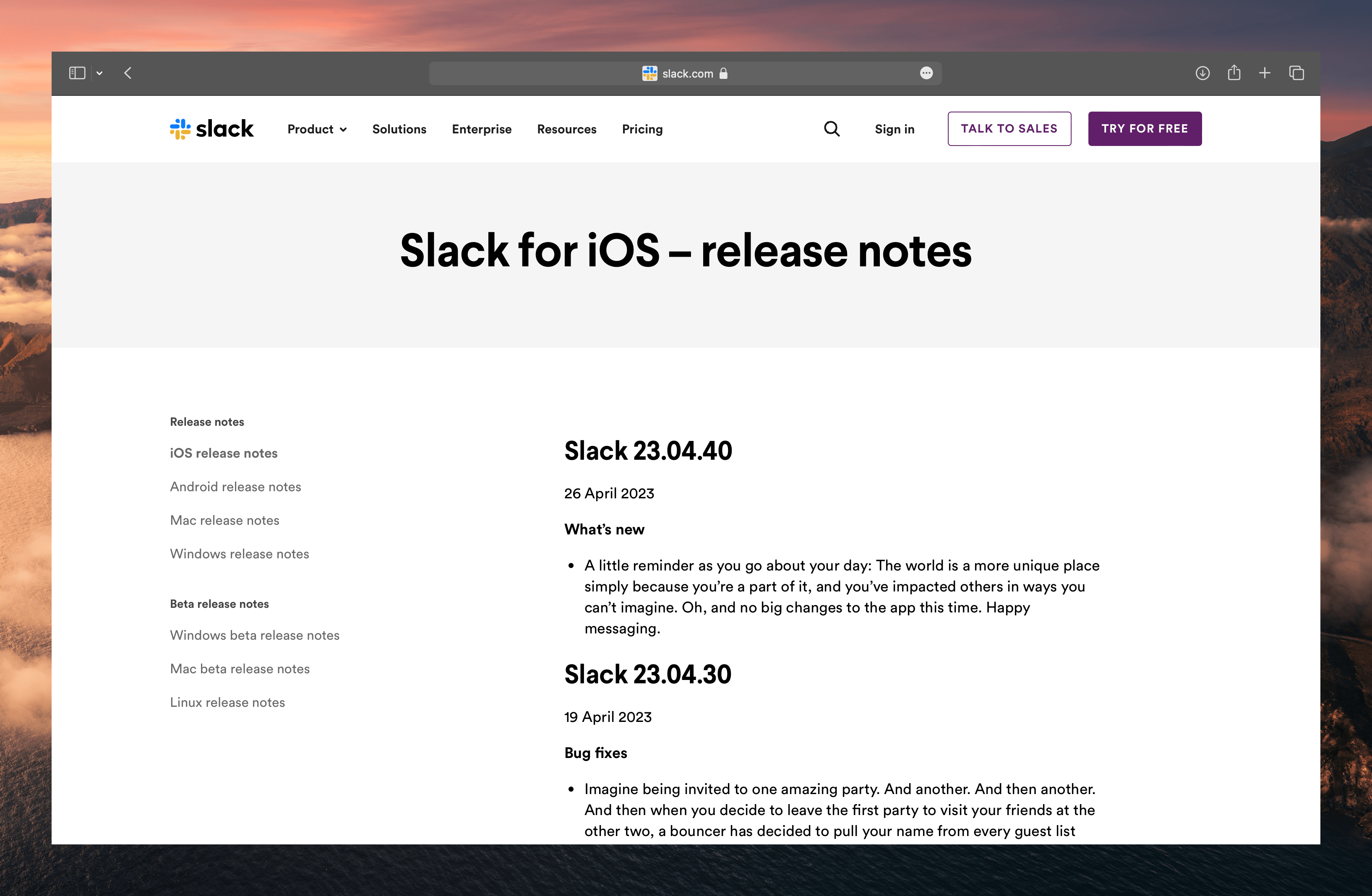 Release notes of Slack internal communication tool