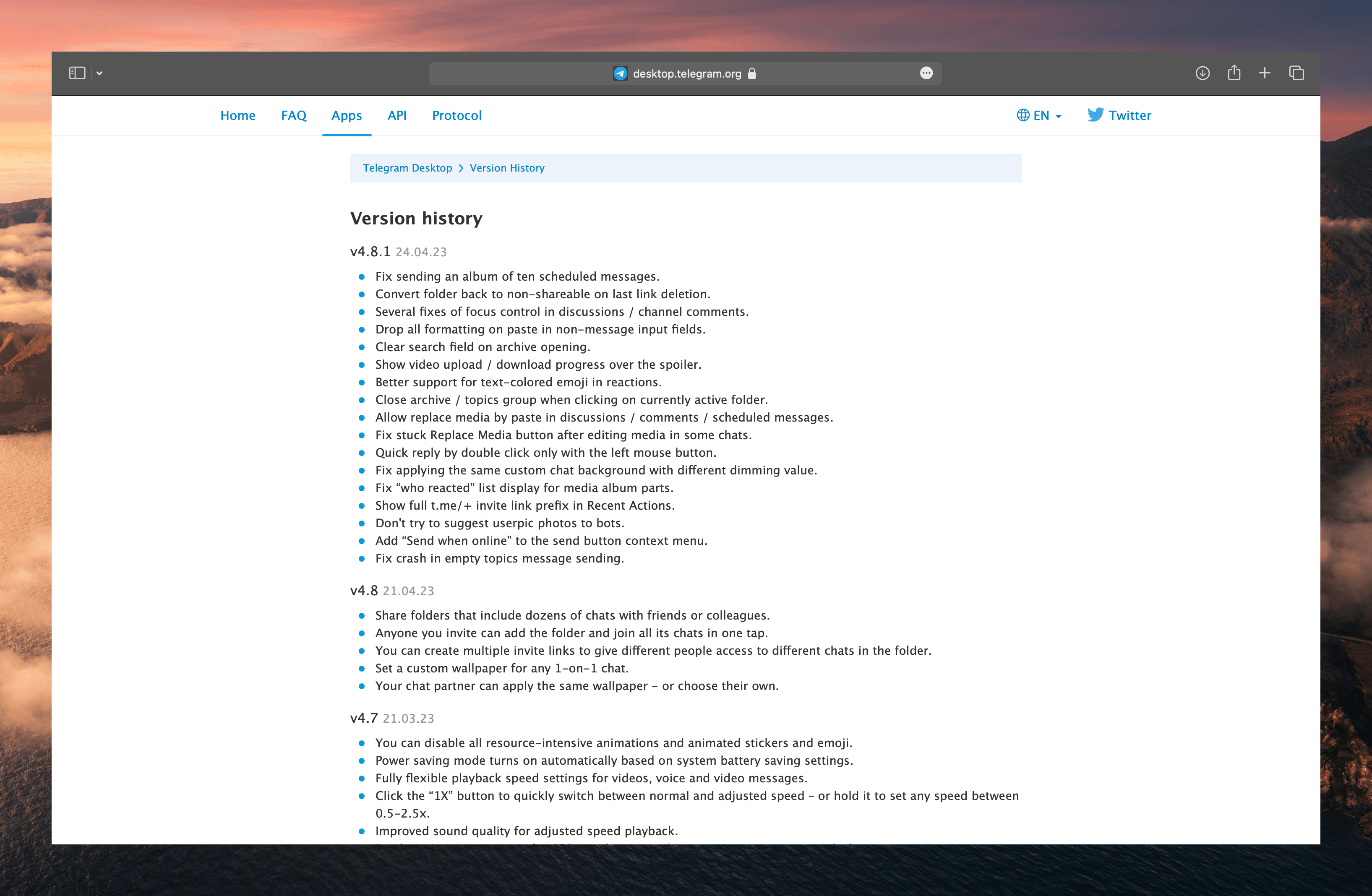 Release notes of Telegram Desktop App