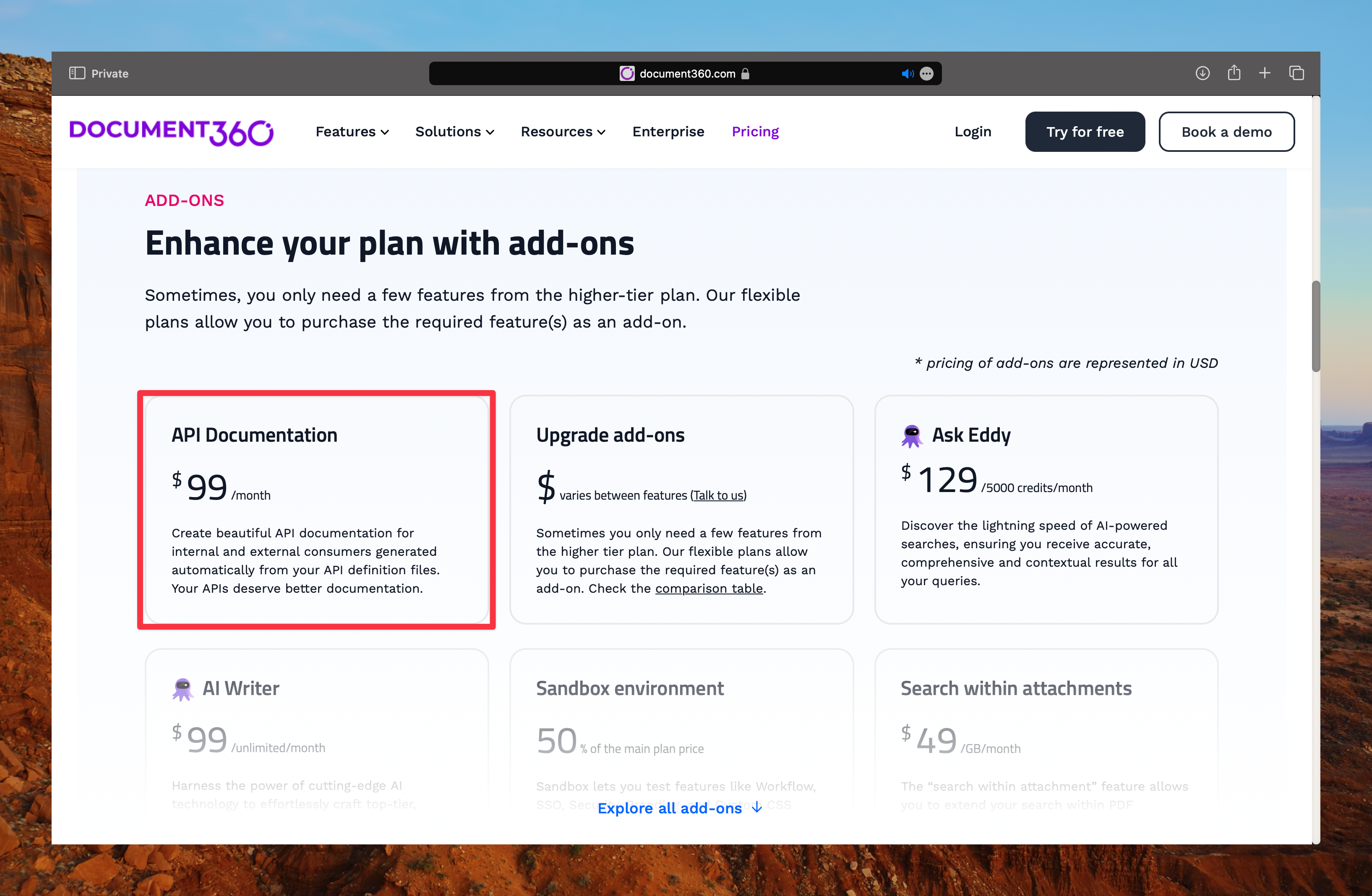 Document360 API Add-on Pricing