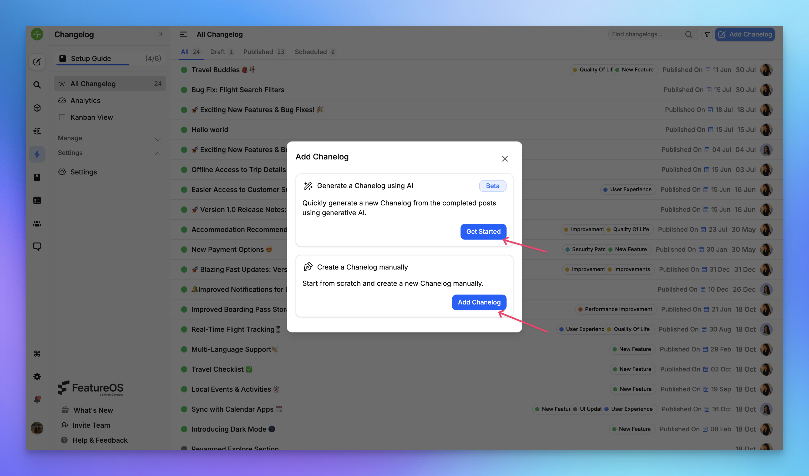Get Visual Editor Chnagelog applicable for both Manual and AI Generated by FeatureOS