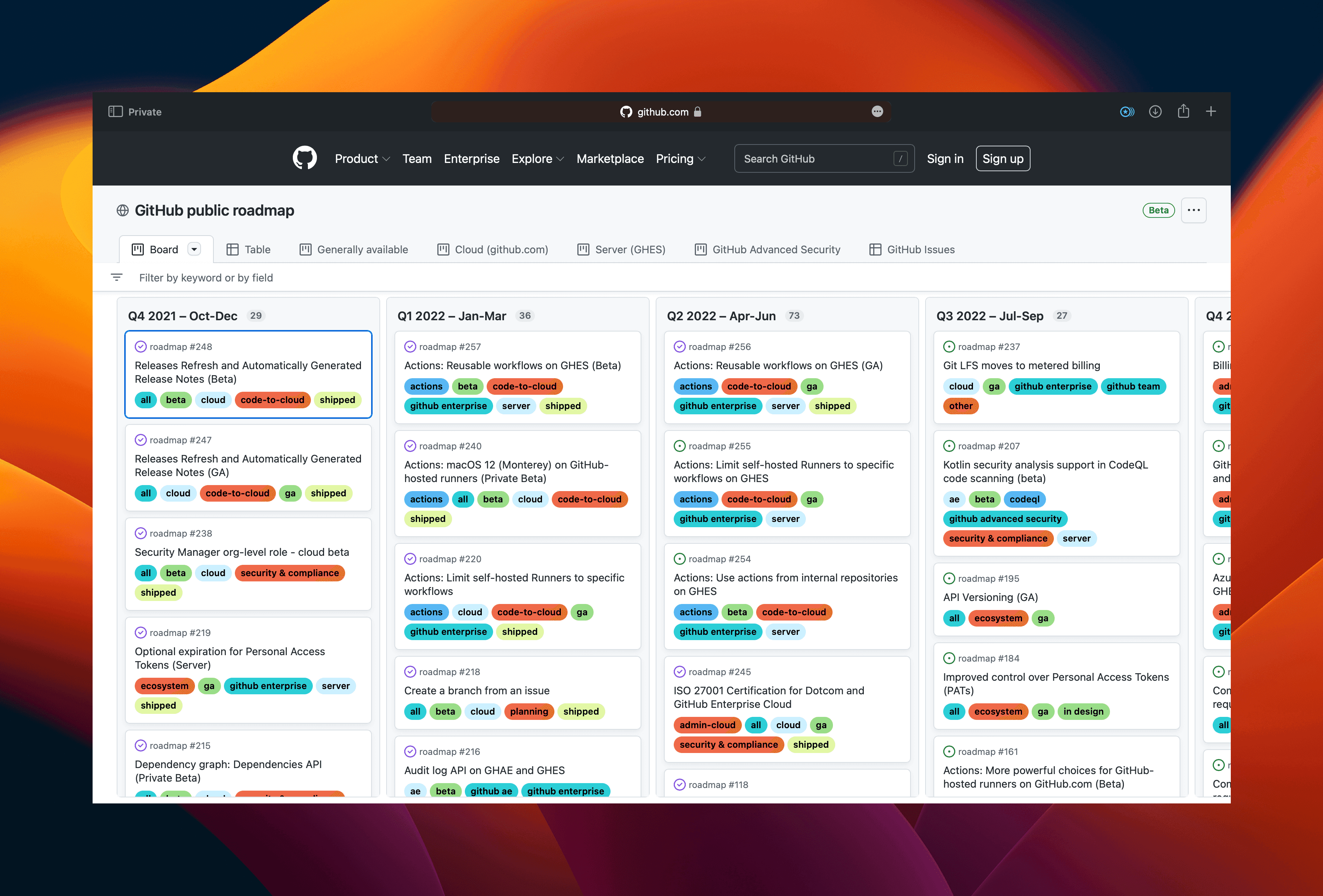 Github public product roadmap