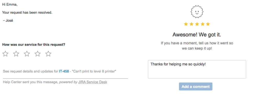 Native customer satisfaction survey in Jira Service Desk. Source: Atlassian documentation