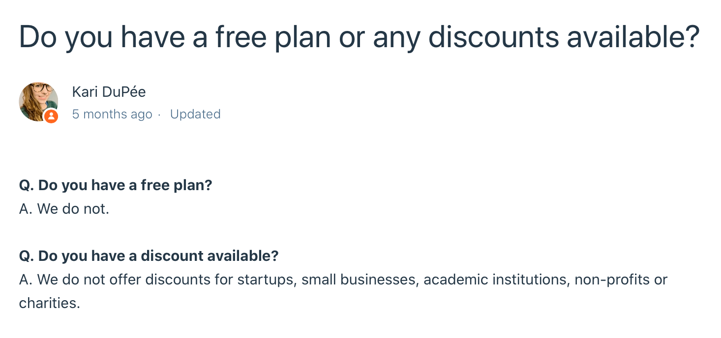 UserVoice Support Page talks about no discounts