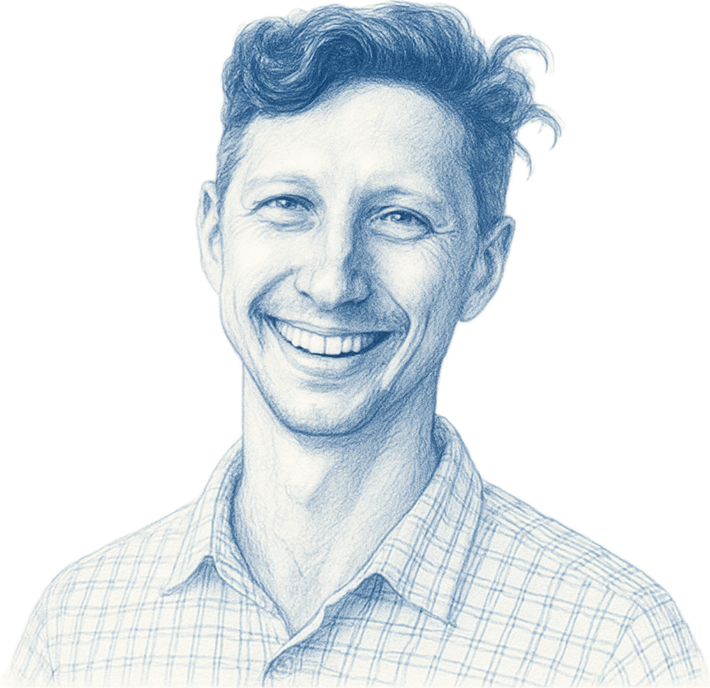 A hand-drawn blue pencil portrait of Michael Eckstein with wavy hair and a checkered shirt, set against a clean white background. The sketch style emphasizes facial details and texture with fine line work and soft shading. Depicts his reaction to using FeatureOS for Buffer.