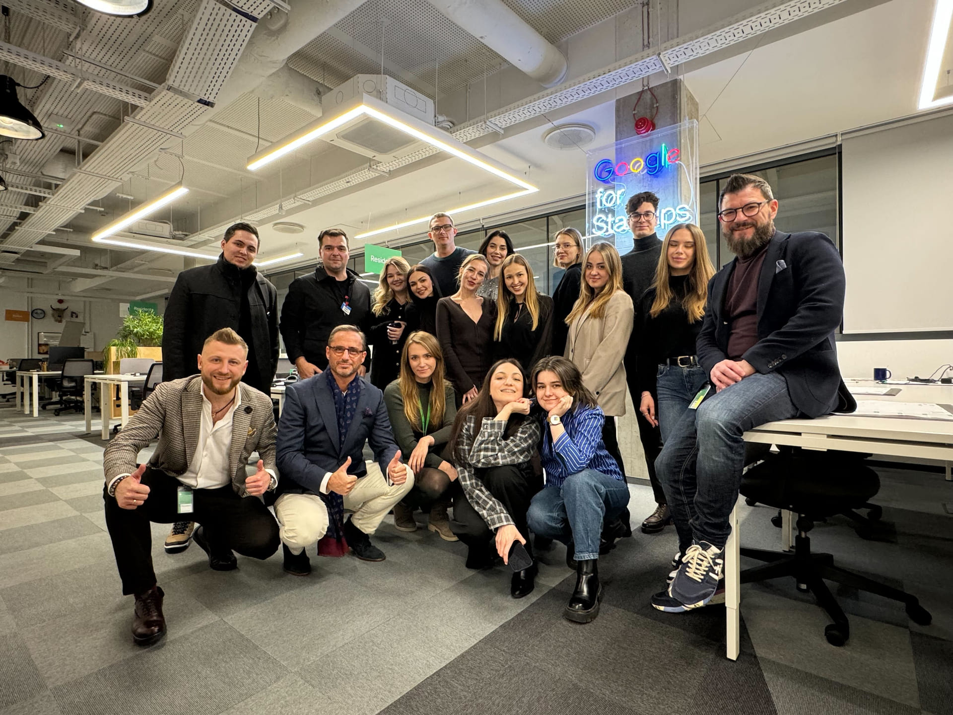 Startup team group photo inside a modern office at Google for Startups