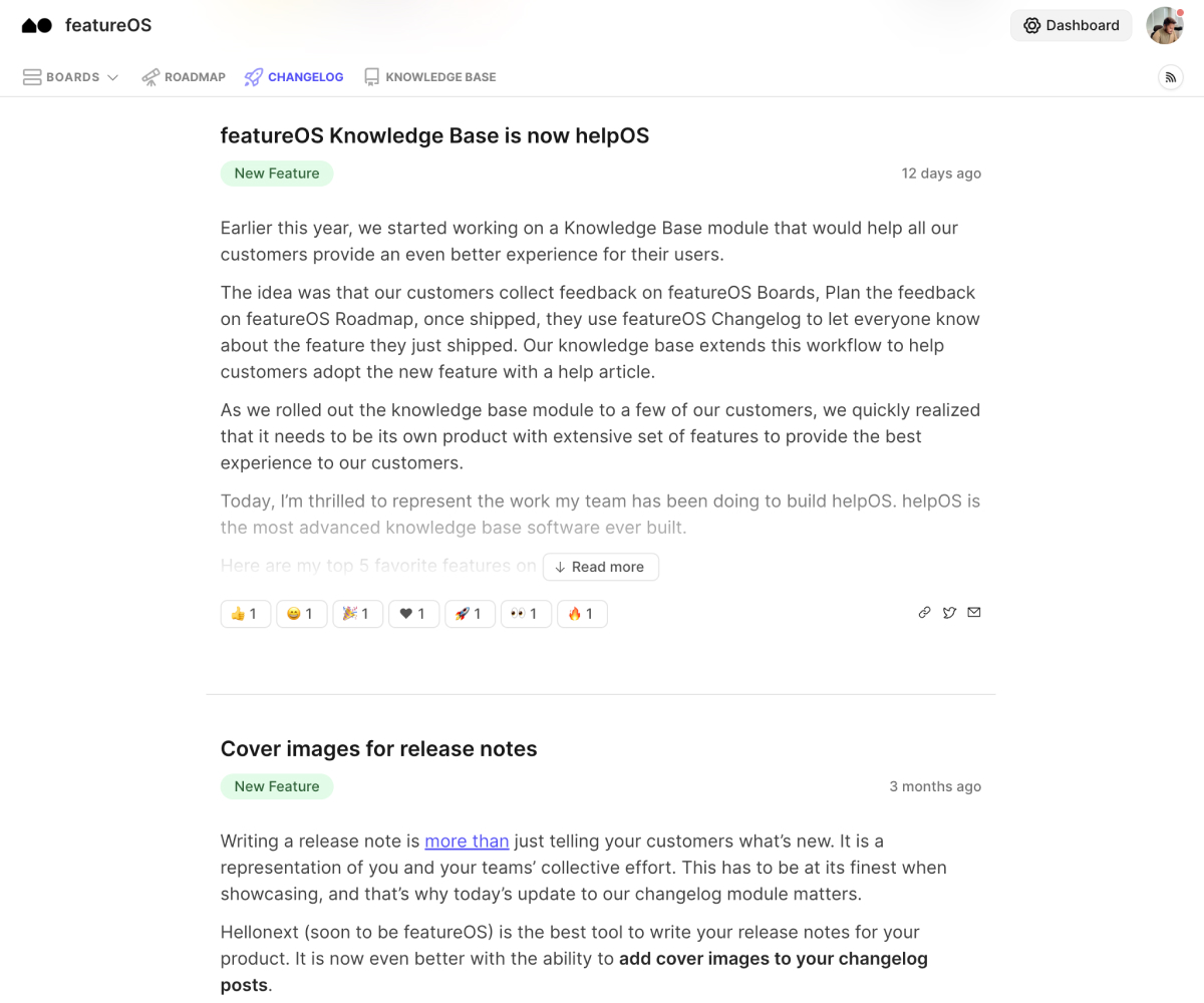 Screenshot of FeatureOS changelog editor and published changelog
