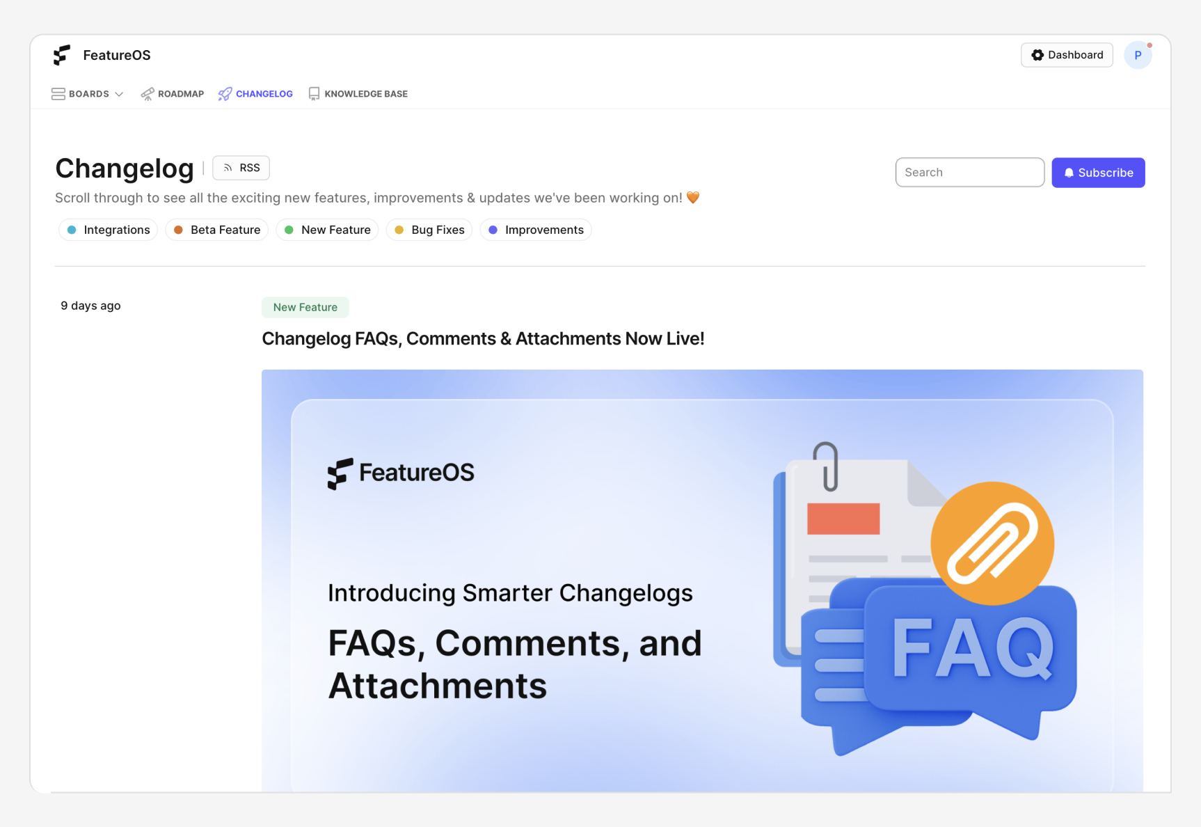 FeatureOS release notes and changelog software interface