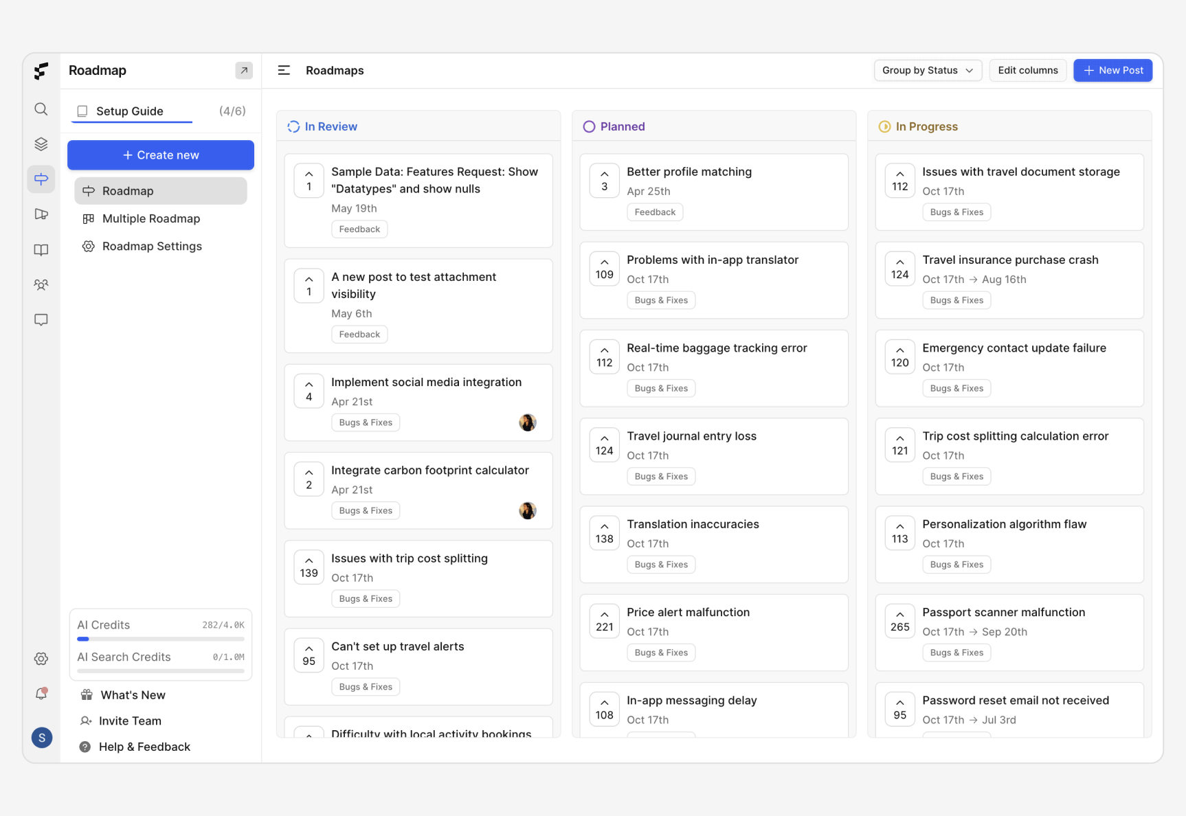 FeatureOS product roadmap software interface showing Kanban board visualization