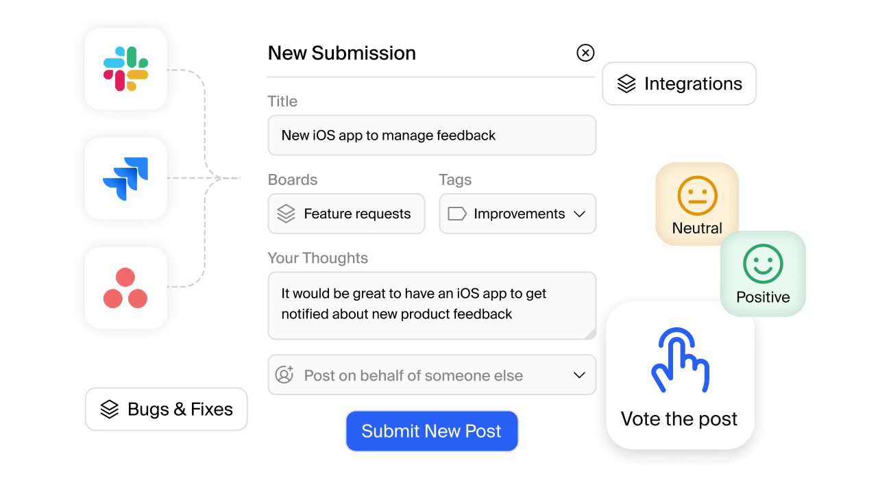 FeatureOS feedback collection UI for submitting new product ideas. Users can categorize feedback into boards like Feature Requests or Bugs, tag improvements, and share thoughts. Integrates with Slack, Jira, and Asana. Includes sentiment analysis and upvoting for better decision-making.