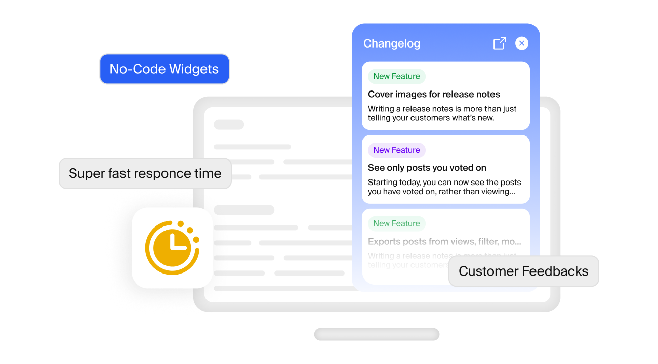 FeatureOS in-app changelog widget displaying recent product updates like cover images and filtered views. Built for fast performance, no-code integration, and real-time customer feedback visibility—enabling transparent communication and feature discovery inside your product.