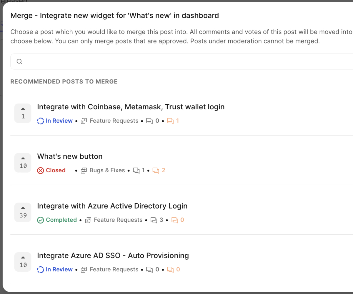 FeatureOS smart merge feature for organizing duplicate feedback