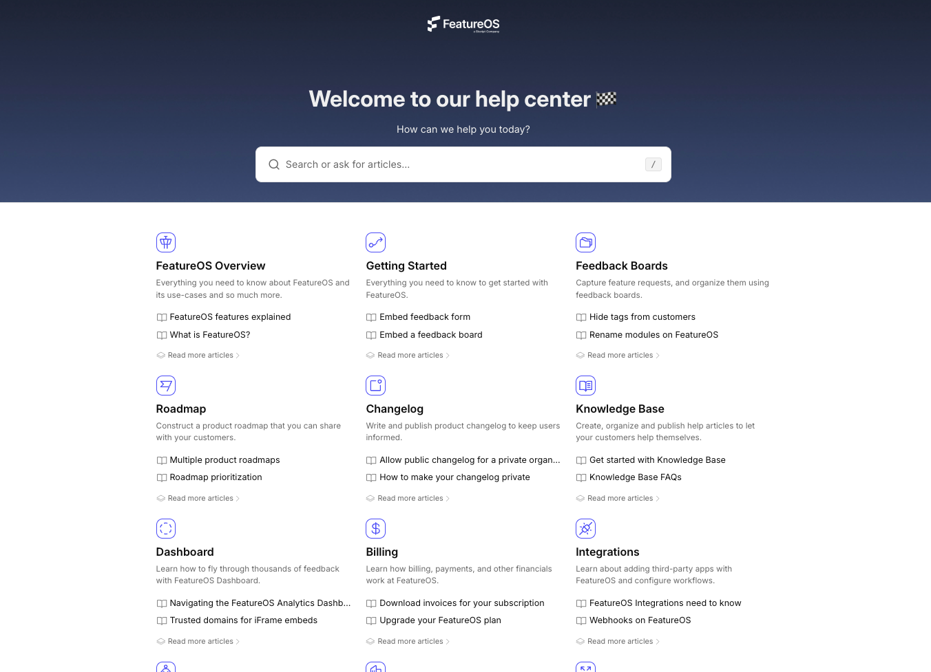 Knowledge base feature preview showing intelligent search, multilingual support, and interactive help articles in a modern web application design. This image demonstrates the clean, professional appearance of the FeatureOS platform.