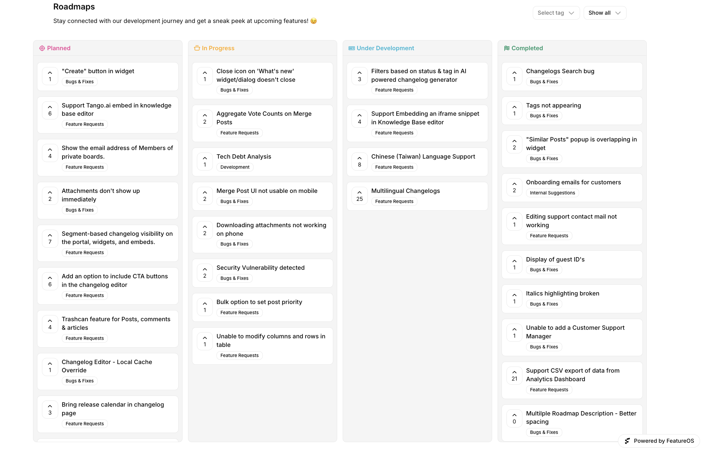 Roadmap feature preview showing product planning, kanban boards, prioritization matrices, and timeline management in a modern web application design. This image demonstrates the clean, professional appearance of the FeatureOS platform.