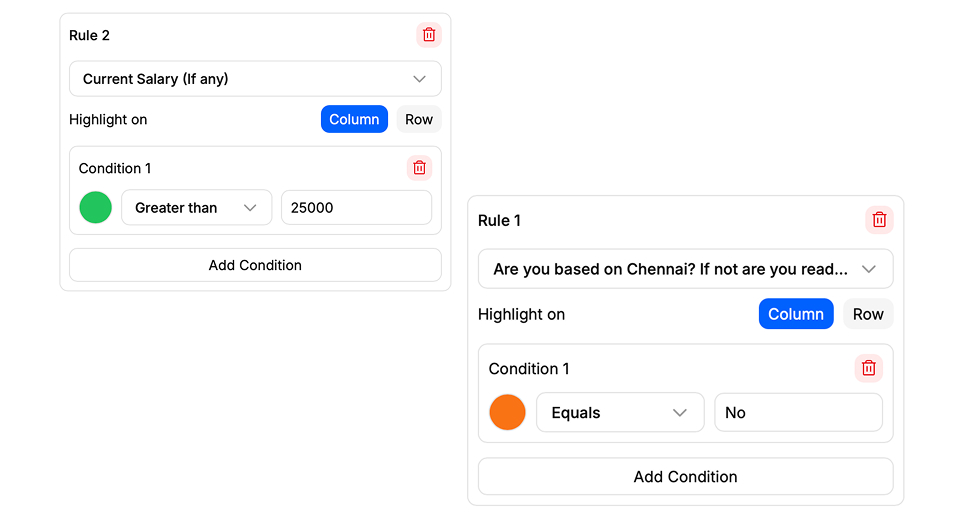 Conditional logic rules builder showing form fields with comparison conditions and highlighting options.